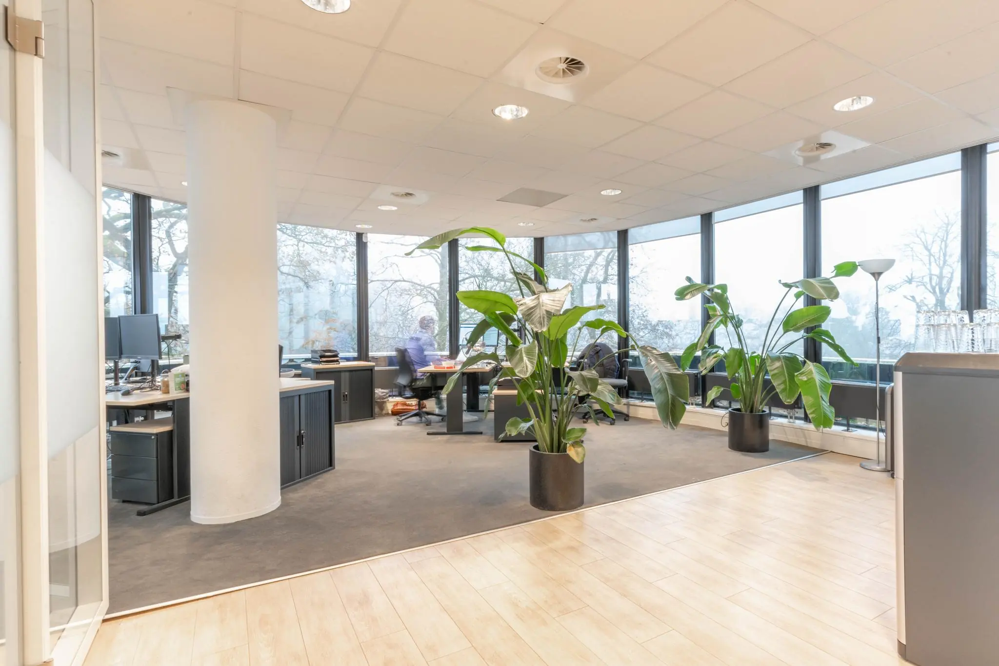 Lichte en moderne kantoorruimte aan de 1e Hogeweg met grote ramen, planten en werkplekken.